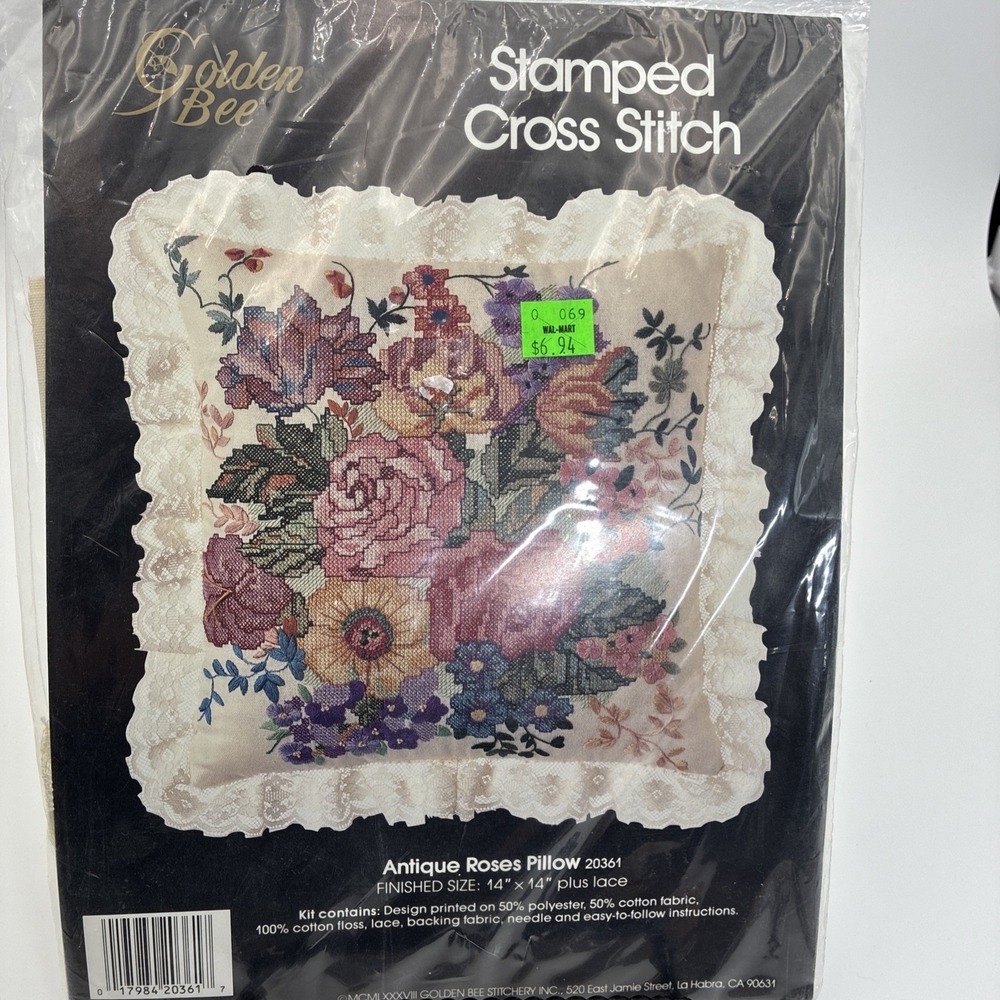 Vintage Golden Bee Stamped Cross Stitch Kit Antique Roses Pillow 20361 14x14